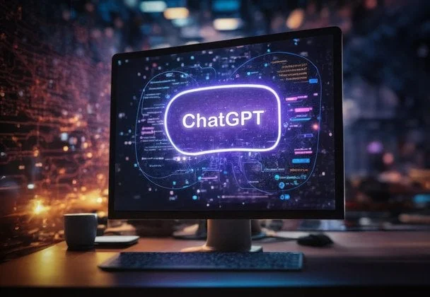 Монітор з написом ChatGPT у неоновій рамці серед цифрових мереж на столі