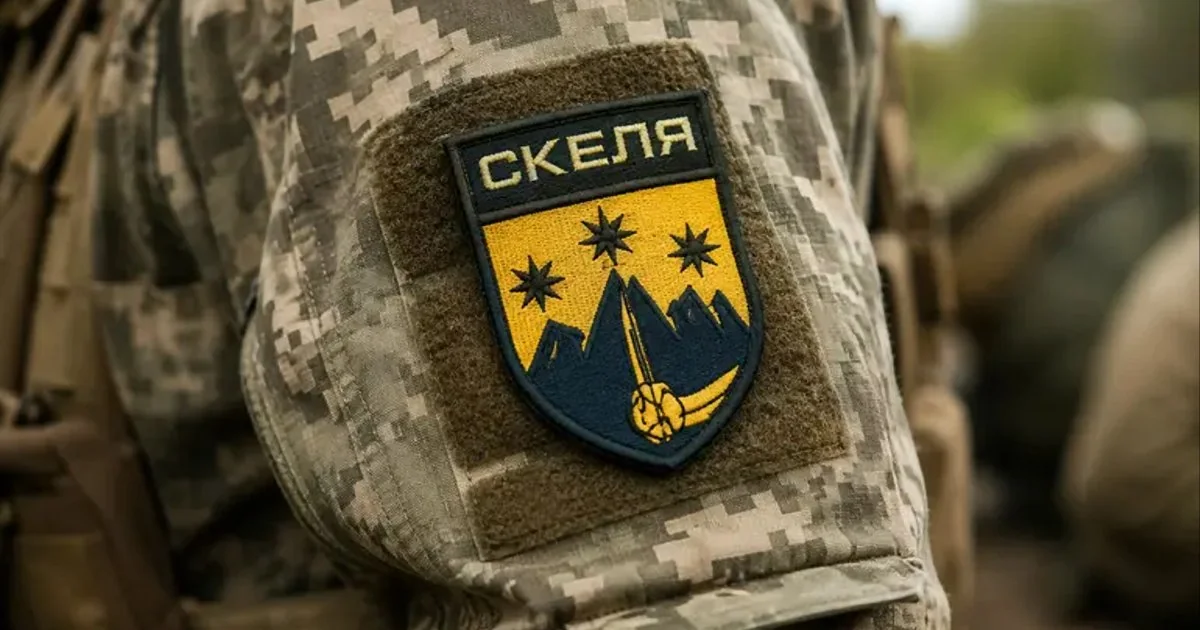 Нашивка полку «Скеля» на камуфляжній формі військовослужбовця