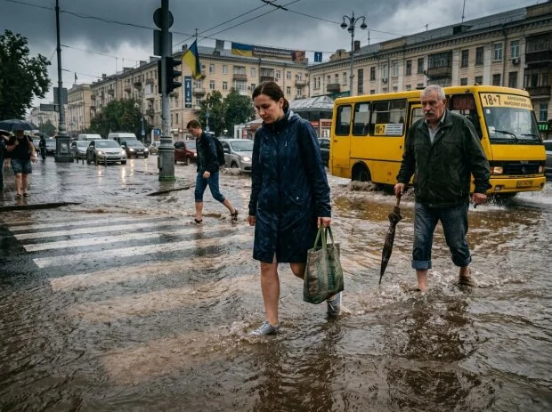 Затоплений пішохідний перехід у Києві під час зливи