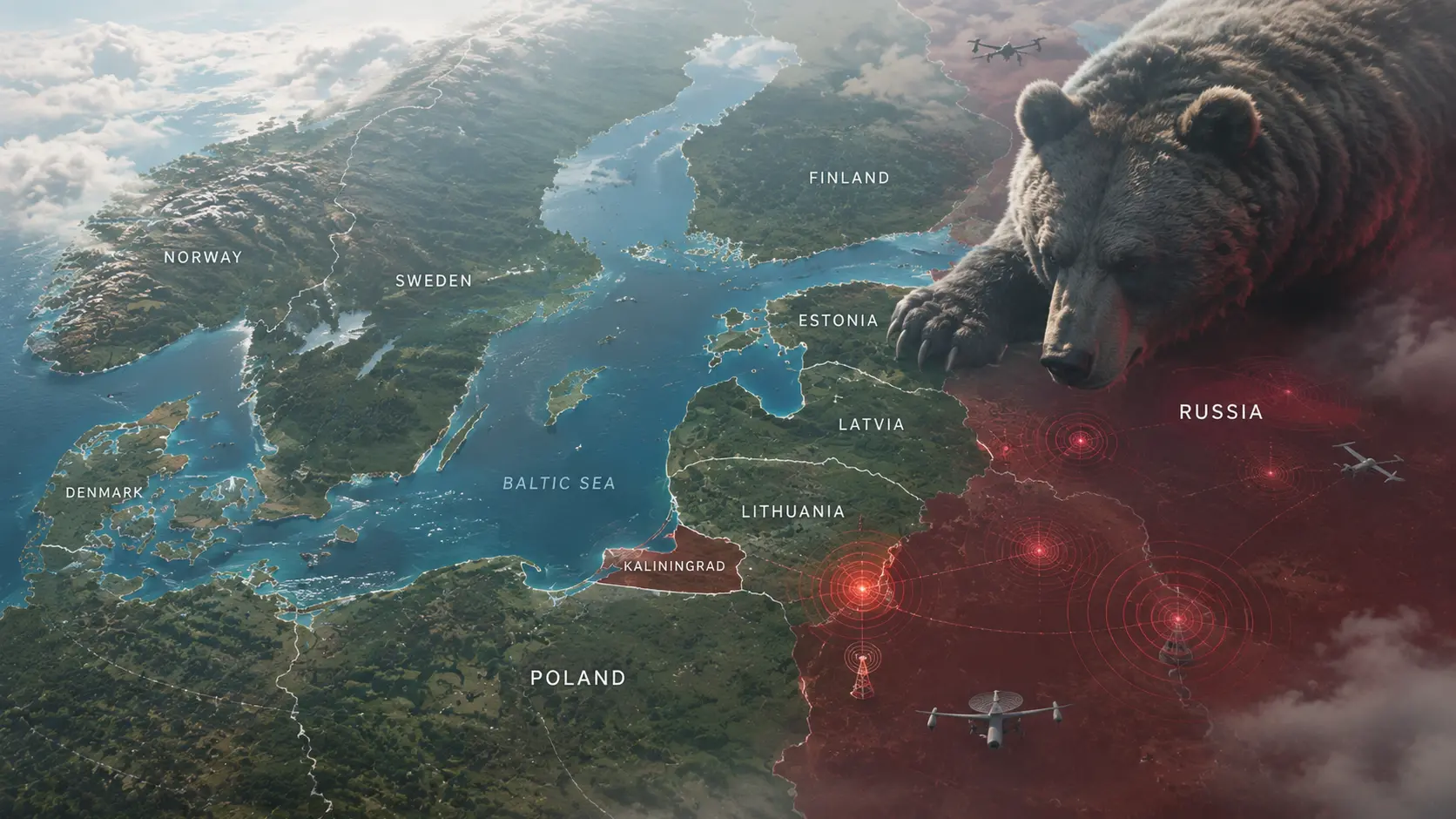 Карта Польщі та Балтії під загрозою російського ведмедя з червоними позначками провокацій