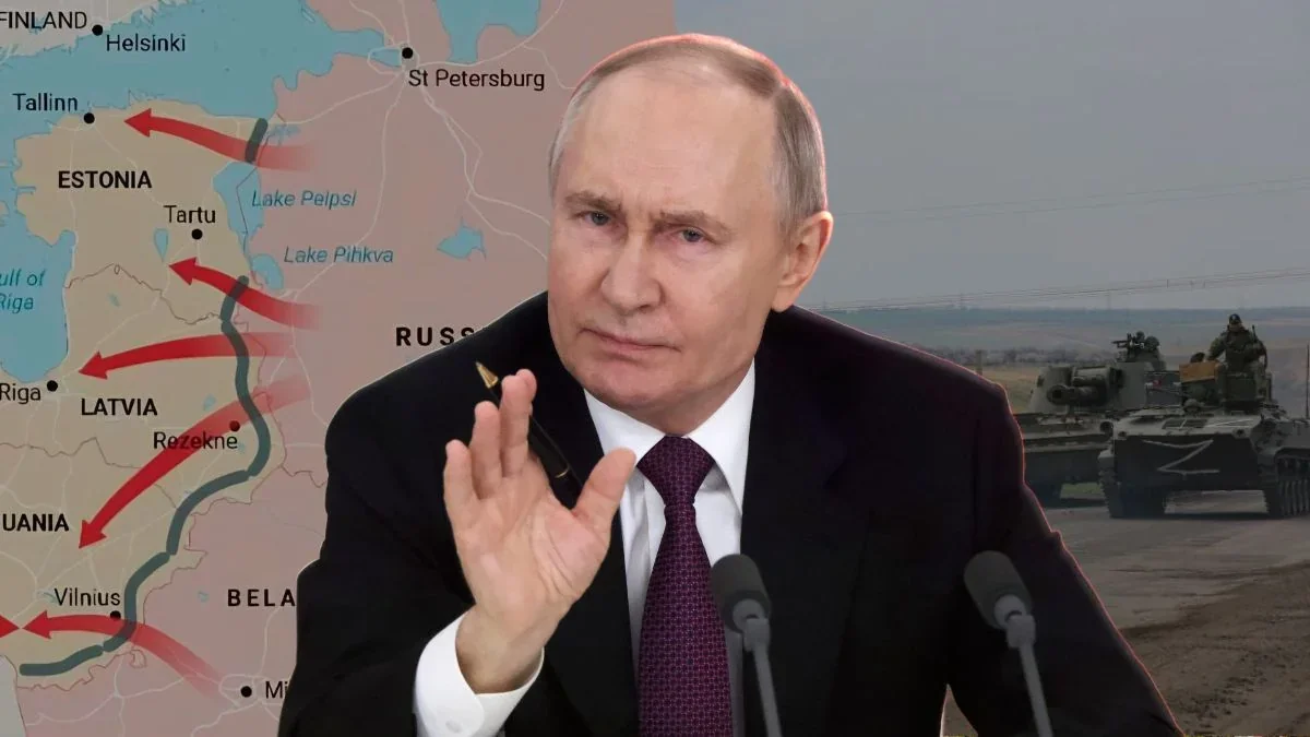 Володимир Путін на тлі мапи Балтії зі стрілками до НАТО та танками